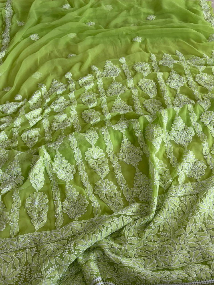 Image of Georgette Chikankari Handwork Saree - Green