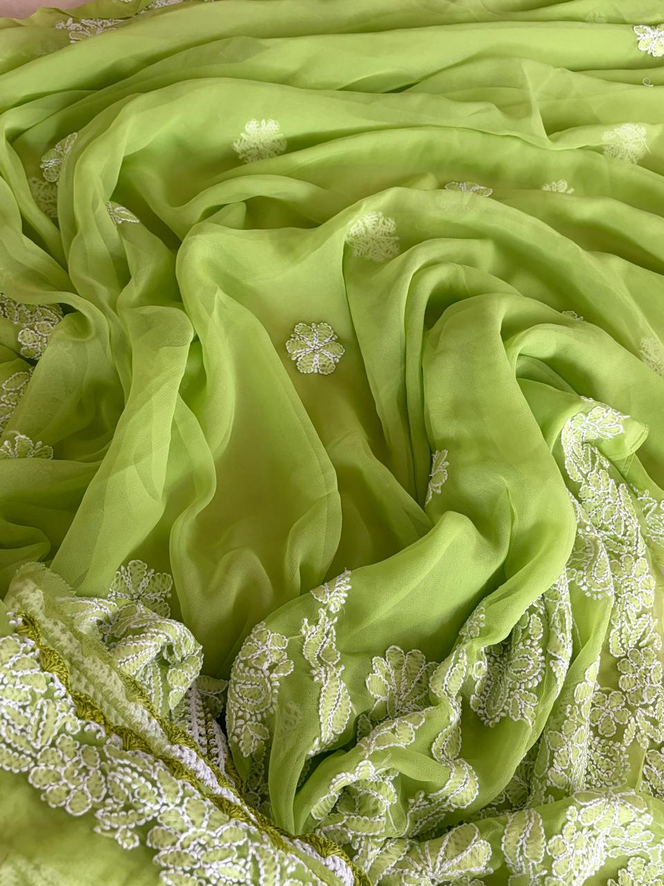 Georgette Chikankari Handwork Saree - Green