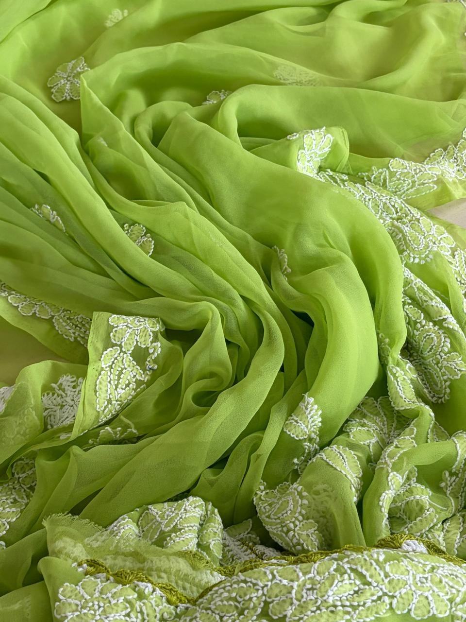 Georgette Chikankari Handwork Saree - Green