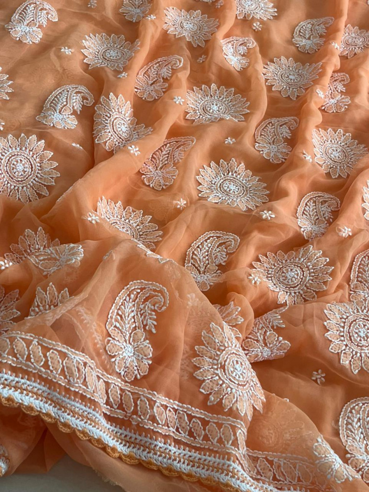 Image of Georgette Chikankari Handwork Saree - Apricot Orange