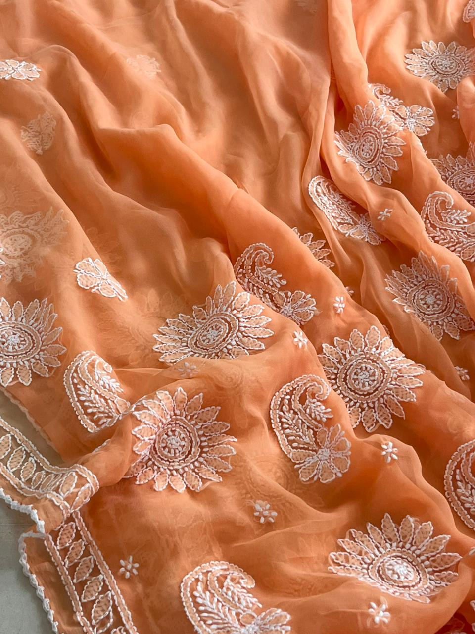 Georgette Chikankari Handwork Saree - Apricot Orange