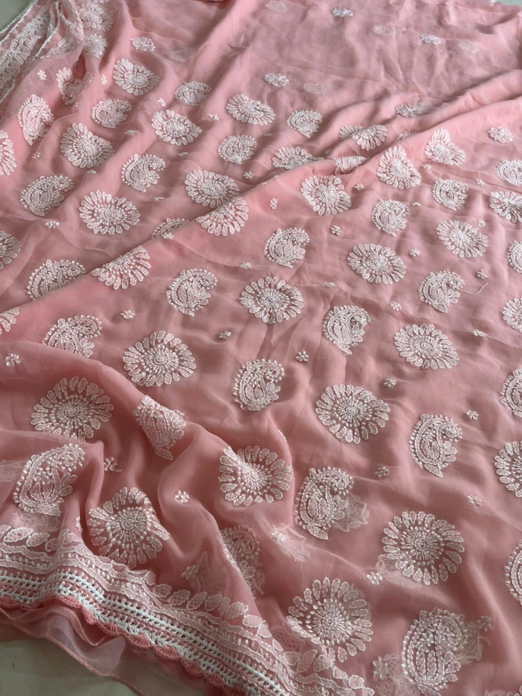 Image of Georgette Chikankari Handwork Saree - Blush Peach