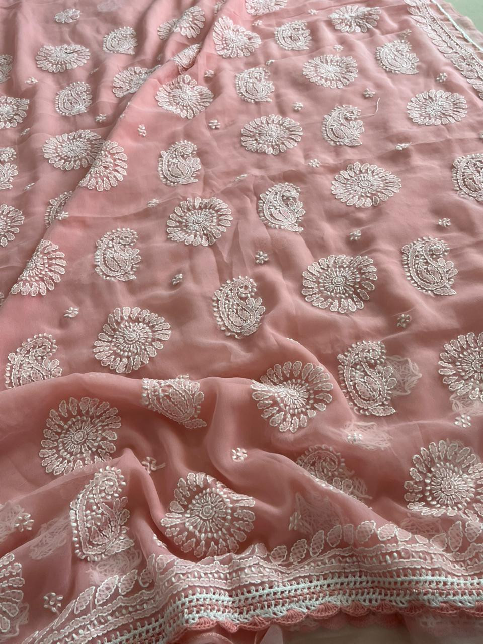 Georgette Chikankari Handwork Saree - Blush Peach
