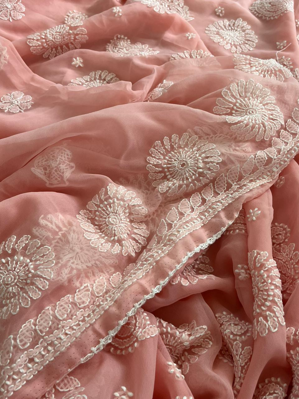 Georgette Chikankari Handwork Saree - Blush Peach