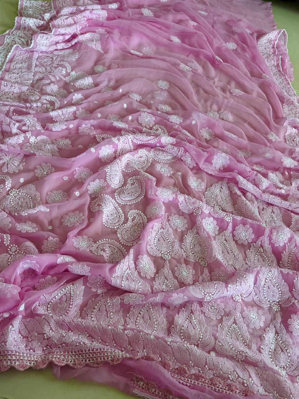 Georgette Chikankari Crochet Lace Border Saree- Pink