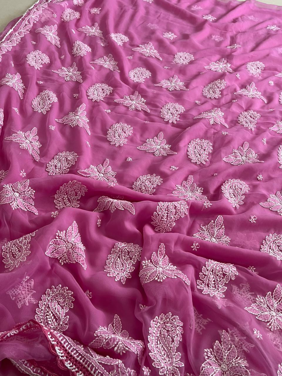 Georgette Chikankari Handwork Saree - Pink