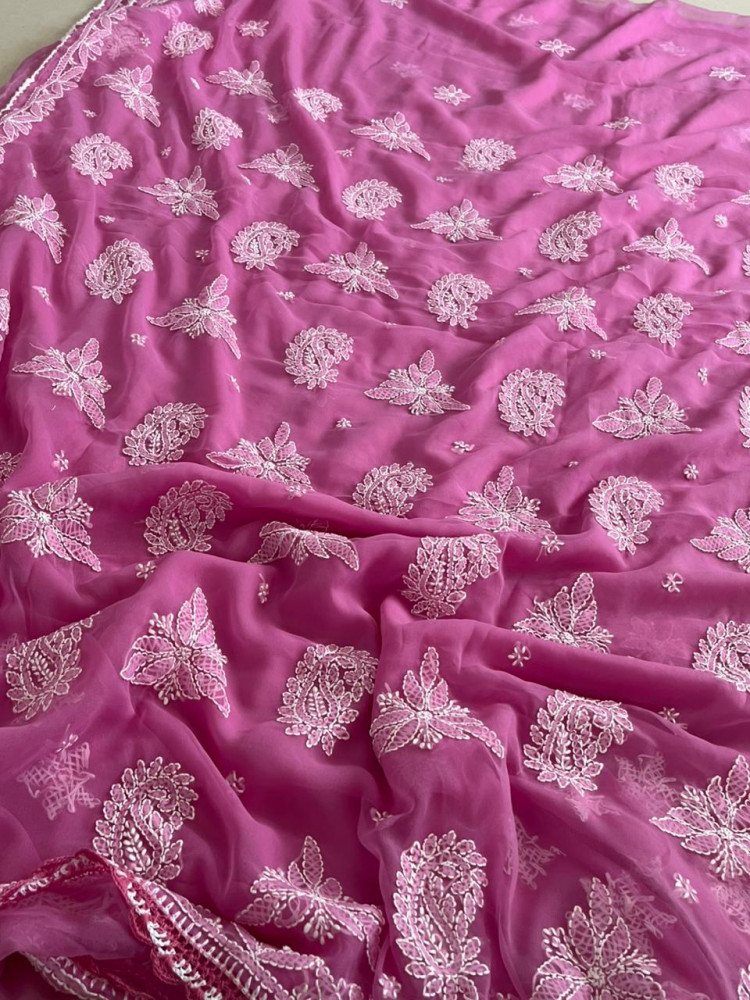 Image of Georgette Chikankari Handwork Saree - Pink