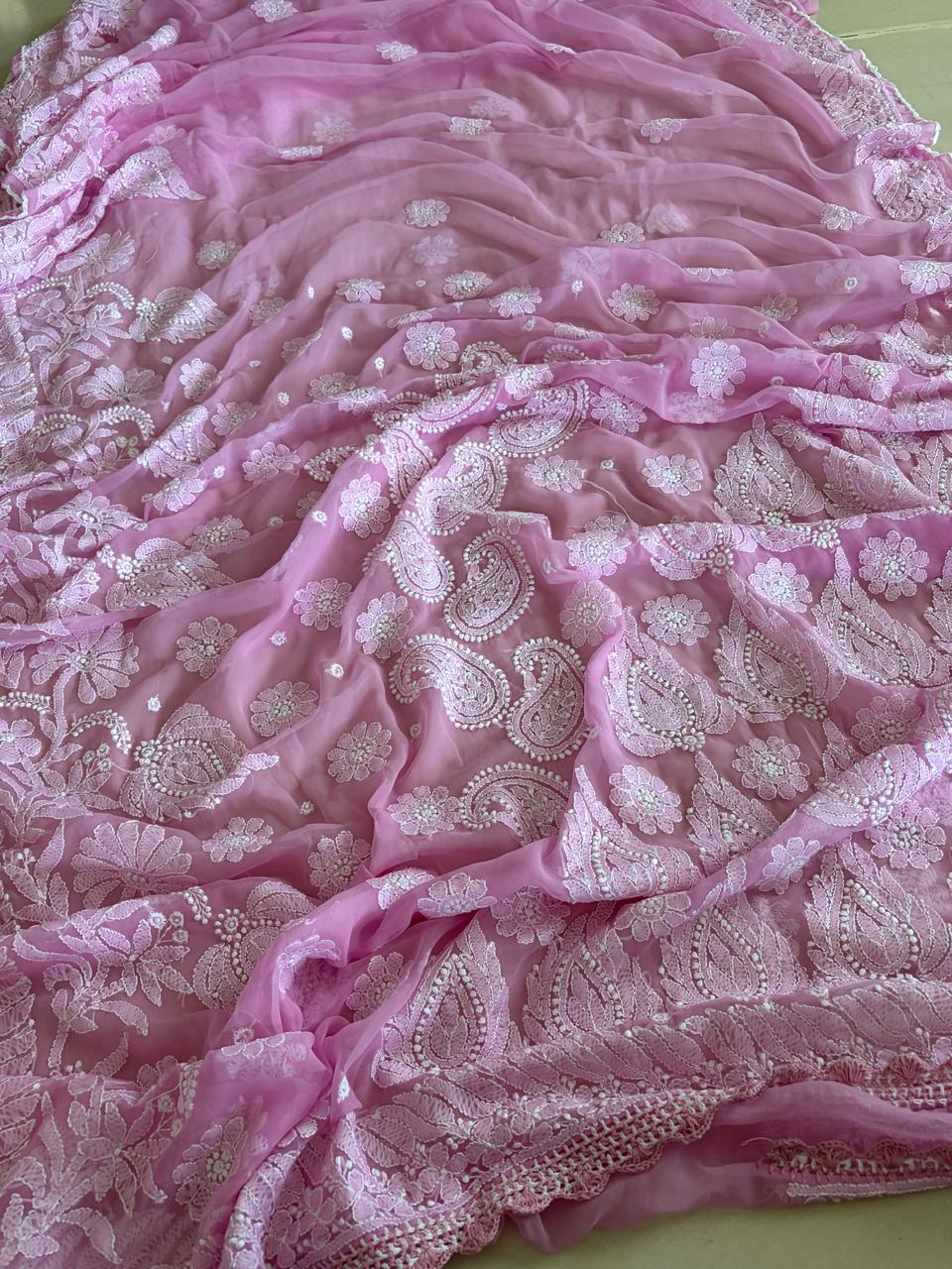 Georgette Chikankari Crochet Lace Border Saree- Pink