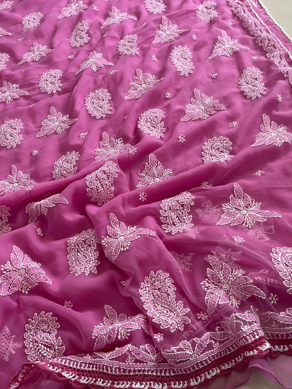 Georgette Chikankari Handwork Saree - Pink