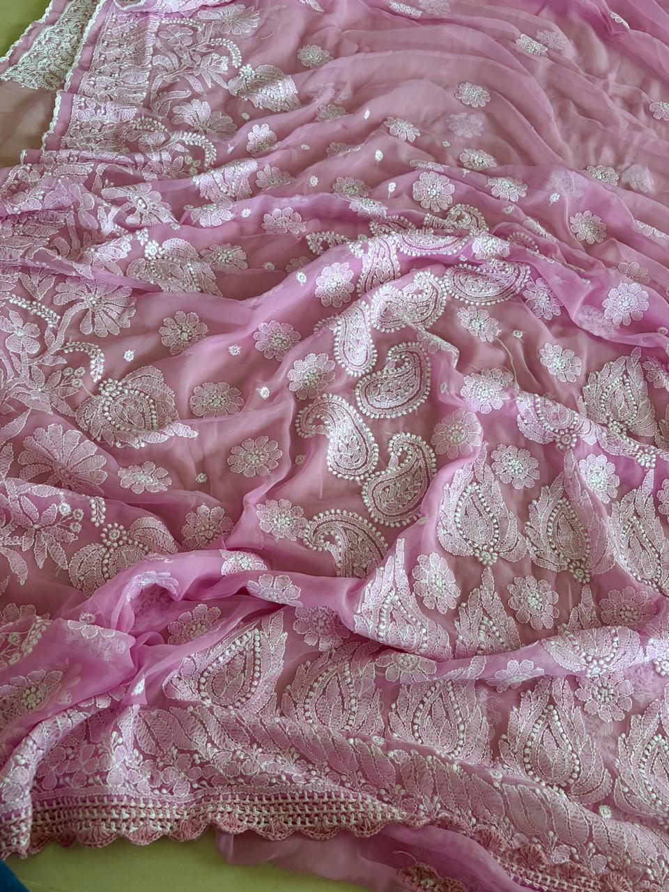 Georgette Chikankari Crochet Lace Border Saree- Pink