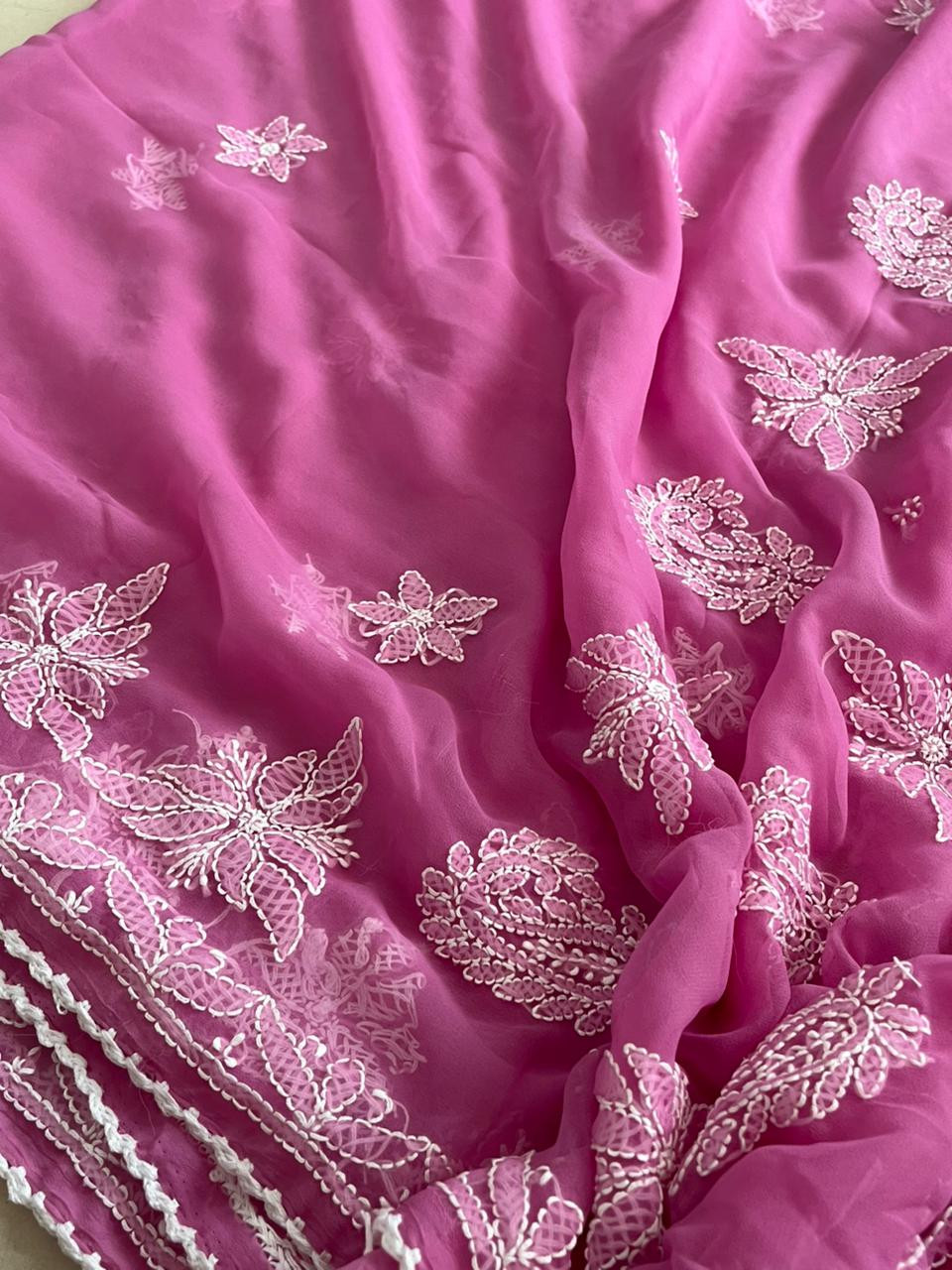 Georgette Chikankari Handwork Saree - Pink