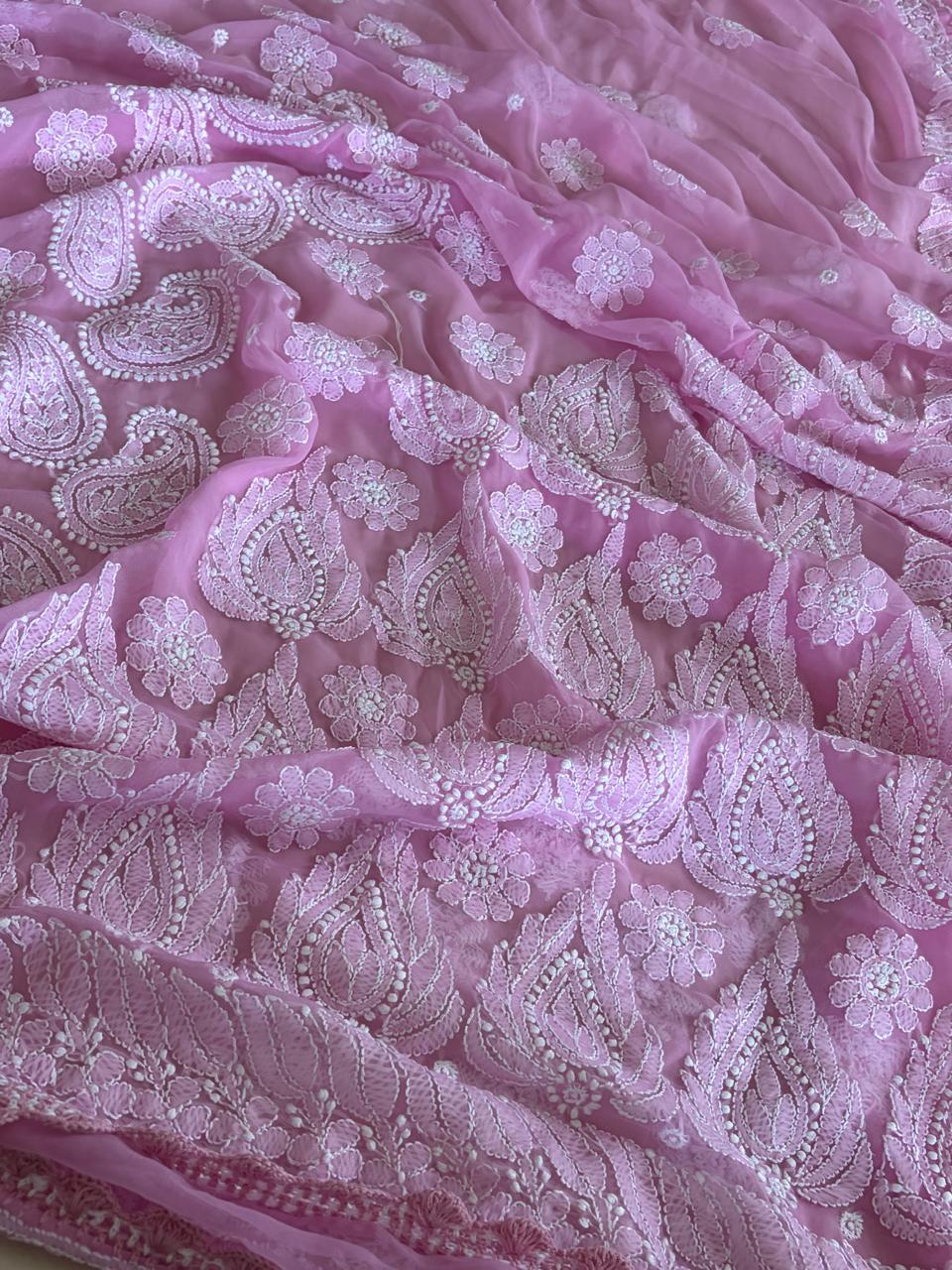 Georgette Chikankari Crochet Lace Border Saree- Pink