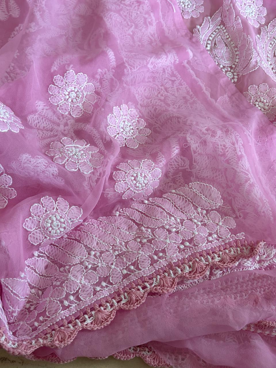 Georgette Chikankari Crochet Lace Border Saree- Pink