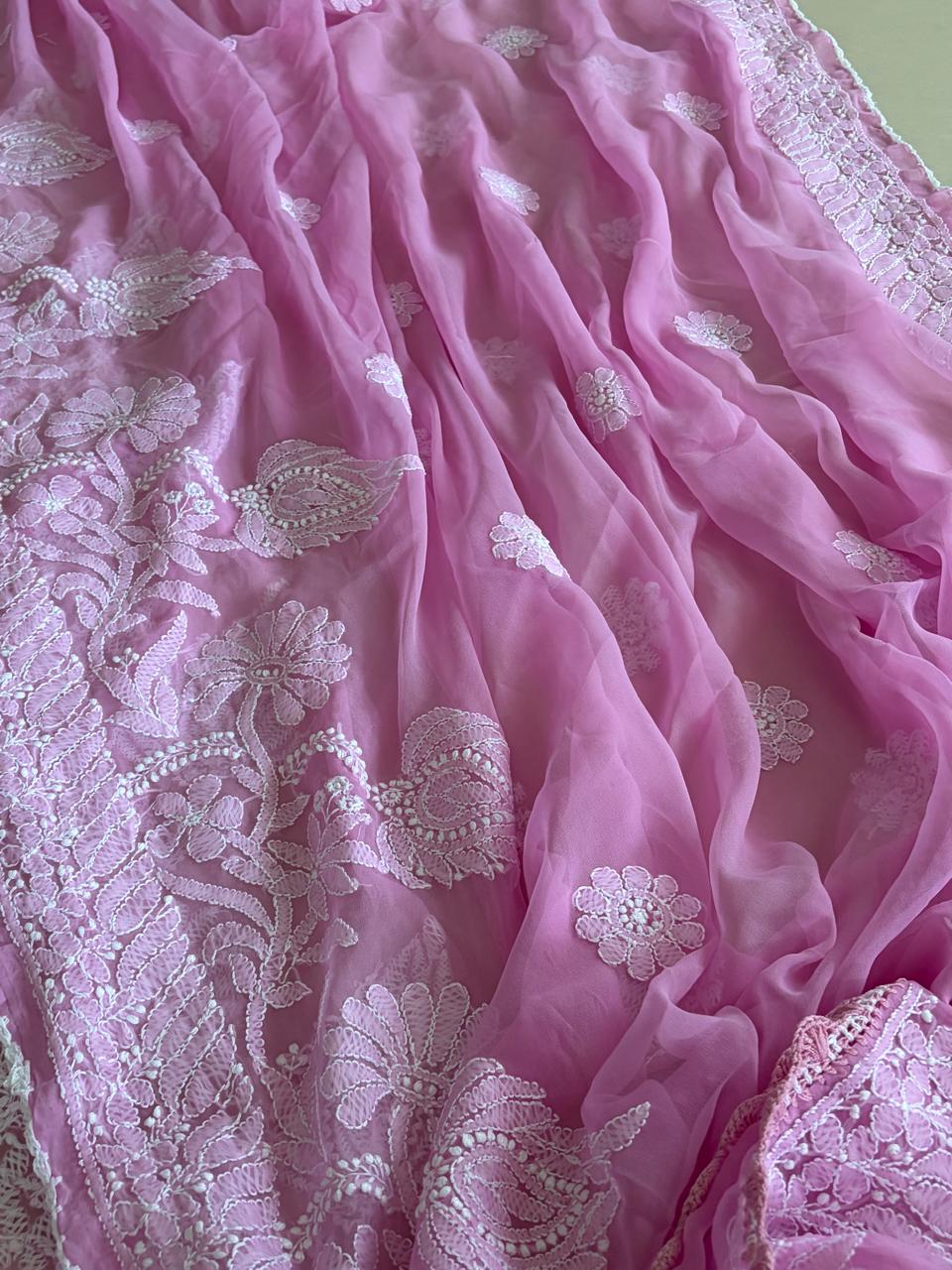 Georgette Chikankari Crochet Lace Border Saree- Pink