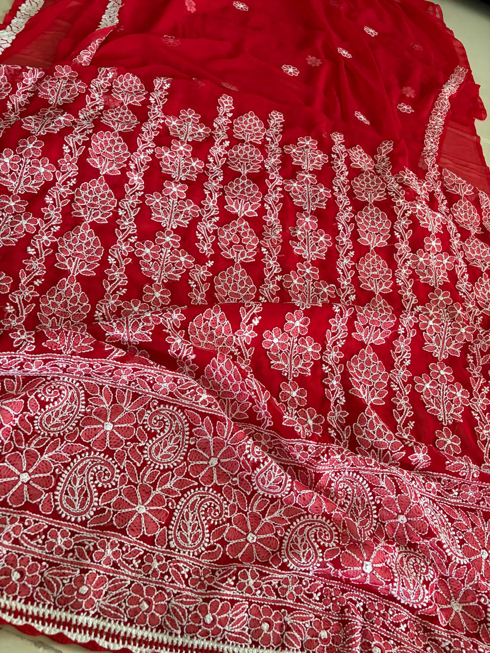 Georgette Chikankari Handwork Saree - Red