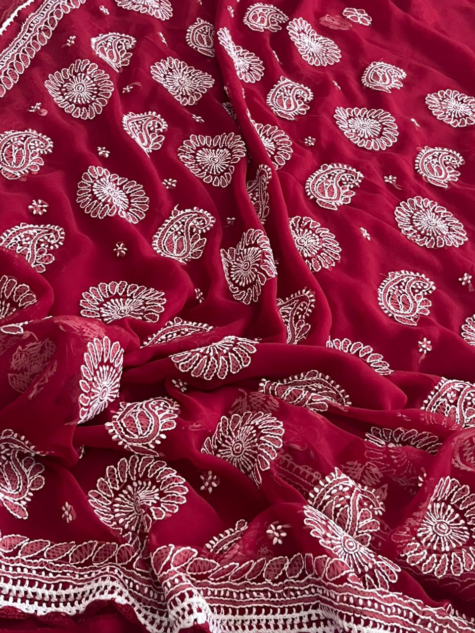 Georgette Chikankari Handwork Saree - Red