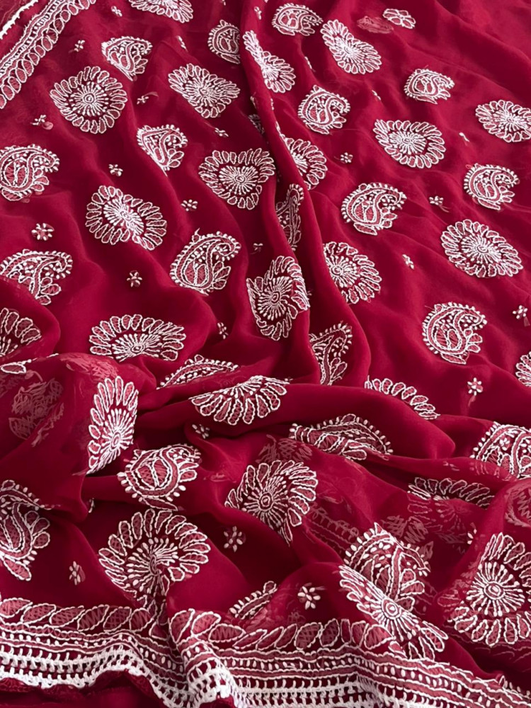 Image of Georgette Chikankari Handwork Saree - Red