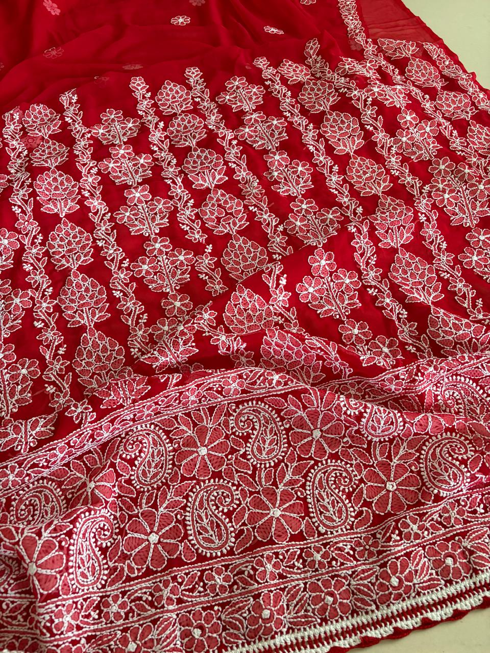 Georgette Chikankari Handwork Saree - Red