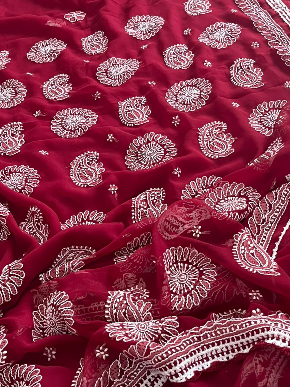 Georgette Chikankari Handwork Saree - Red