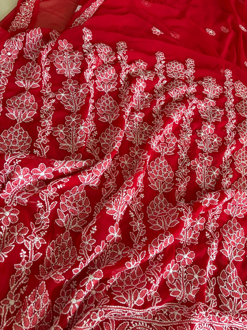 Georgette Chikankari Handwork Saree - Red
