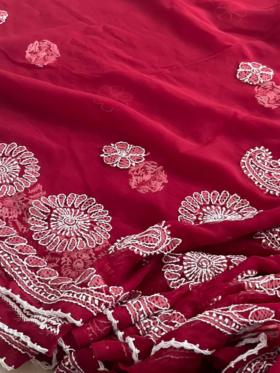 Georgette Chikankari Handwork Saree - Red