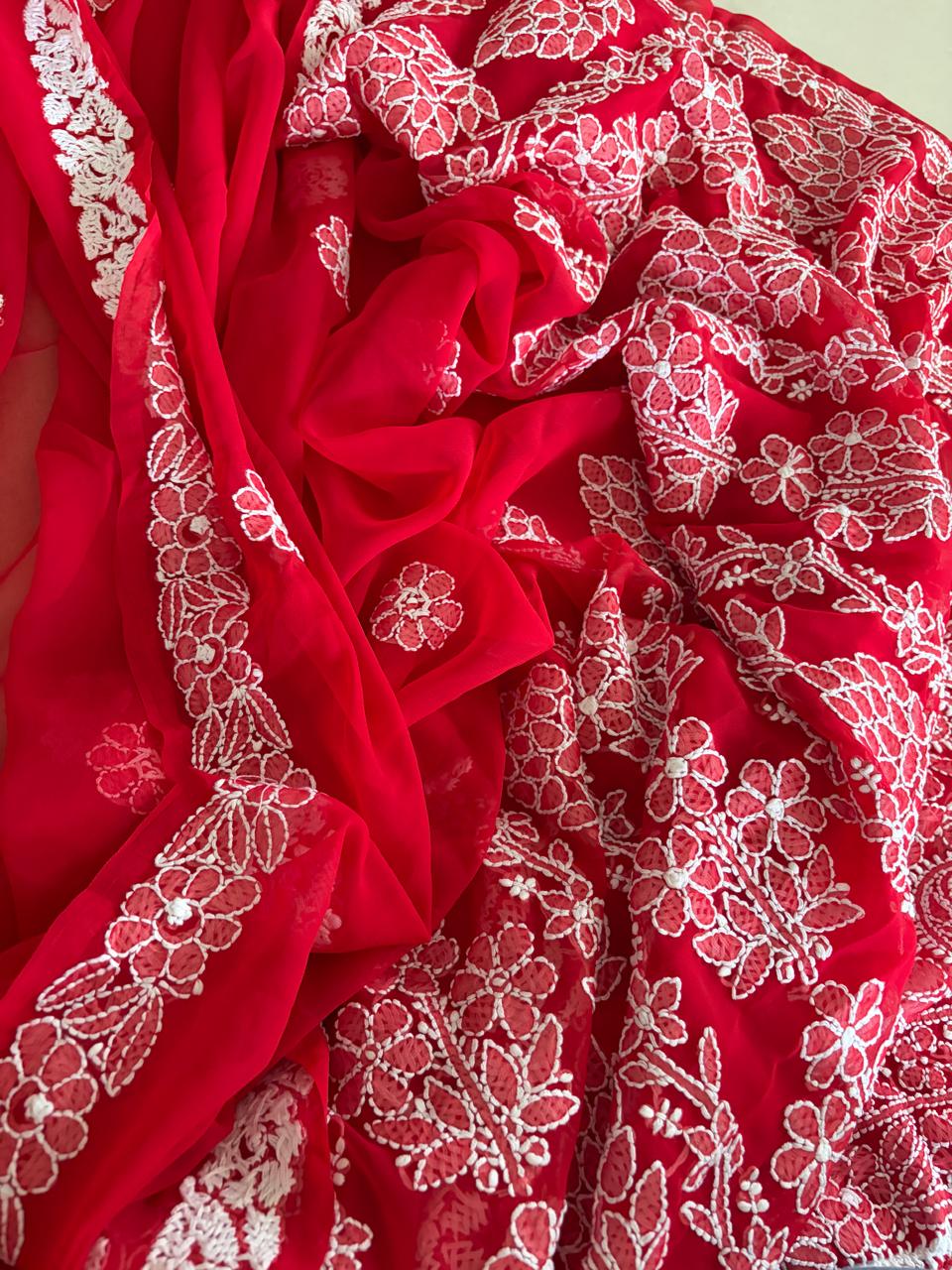 Georgette Chikankari Handwork Saree - Red