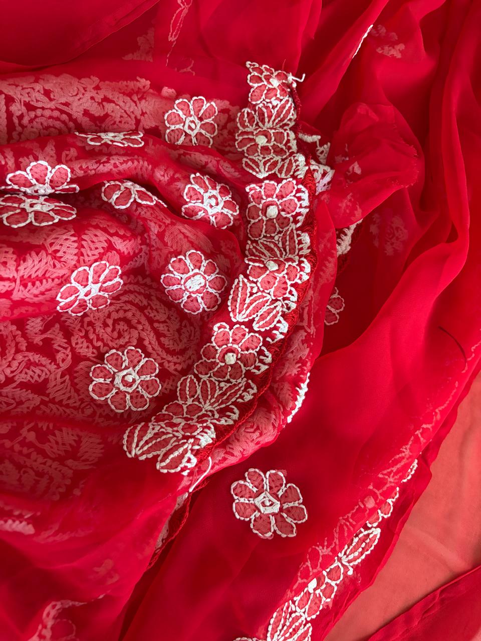 Georgette Chikankari Handwork Saree - Red