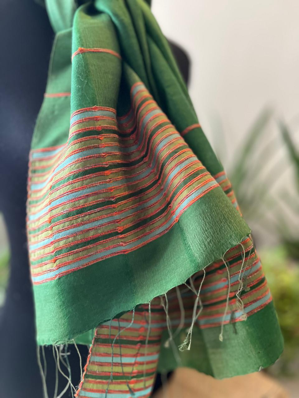 Gorgeous Woven Silk Wool Stole - Forest Green