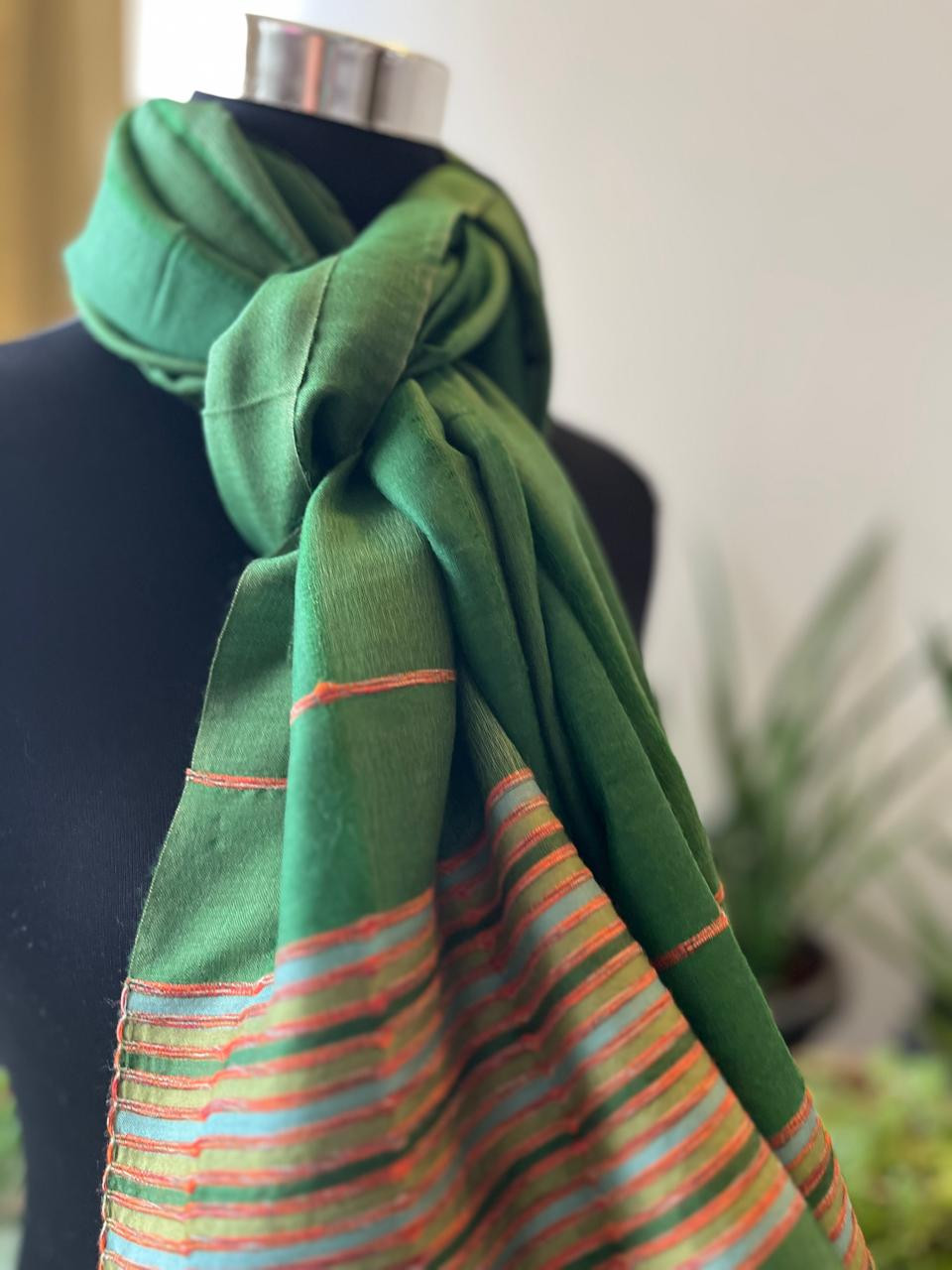 Gorgeous Woven Silk Wool Stole - Forest Green
