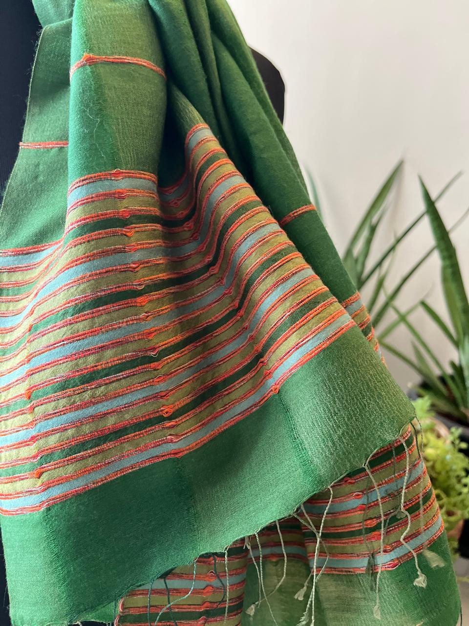 Gorgeous Woven Silk Wool Stole - Forest Green