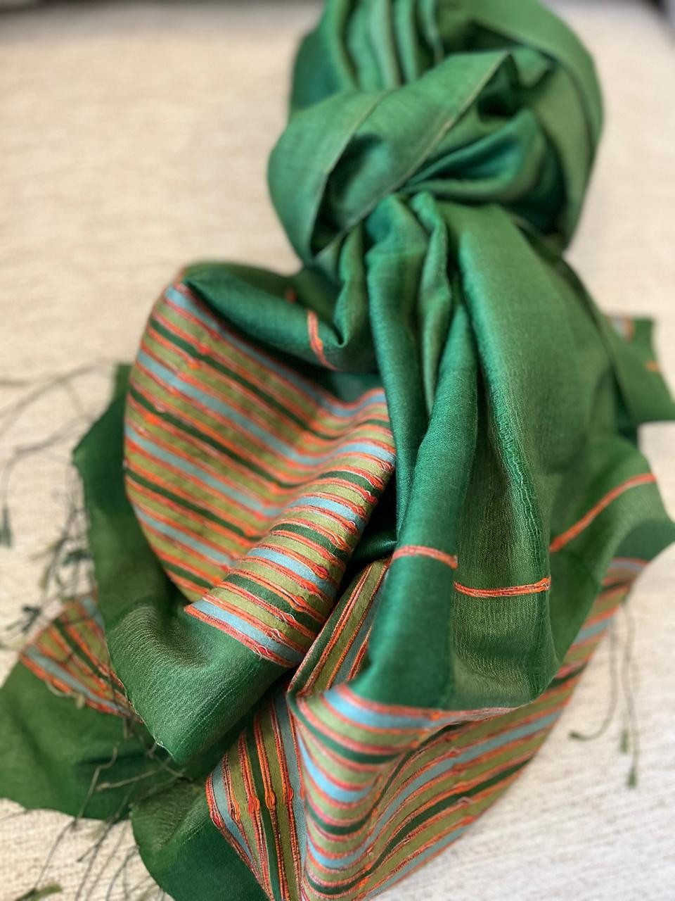 Gorgeous Woven Silk Wool Stole - Forest Green
