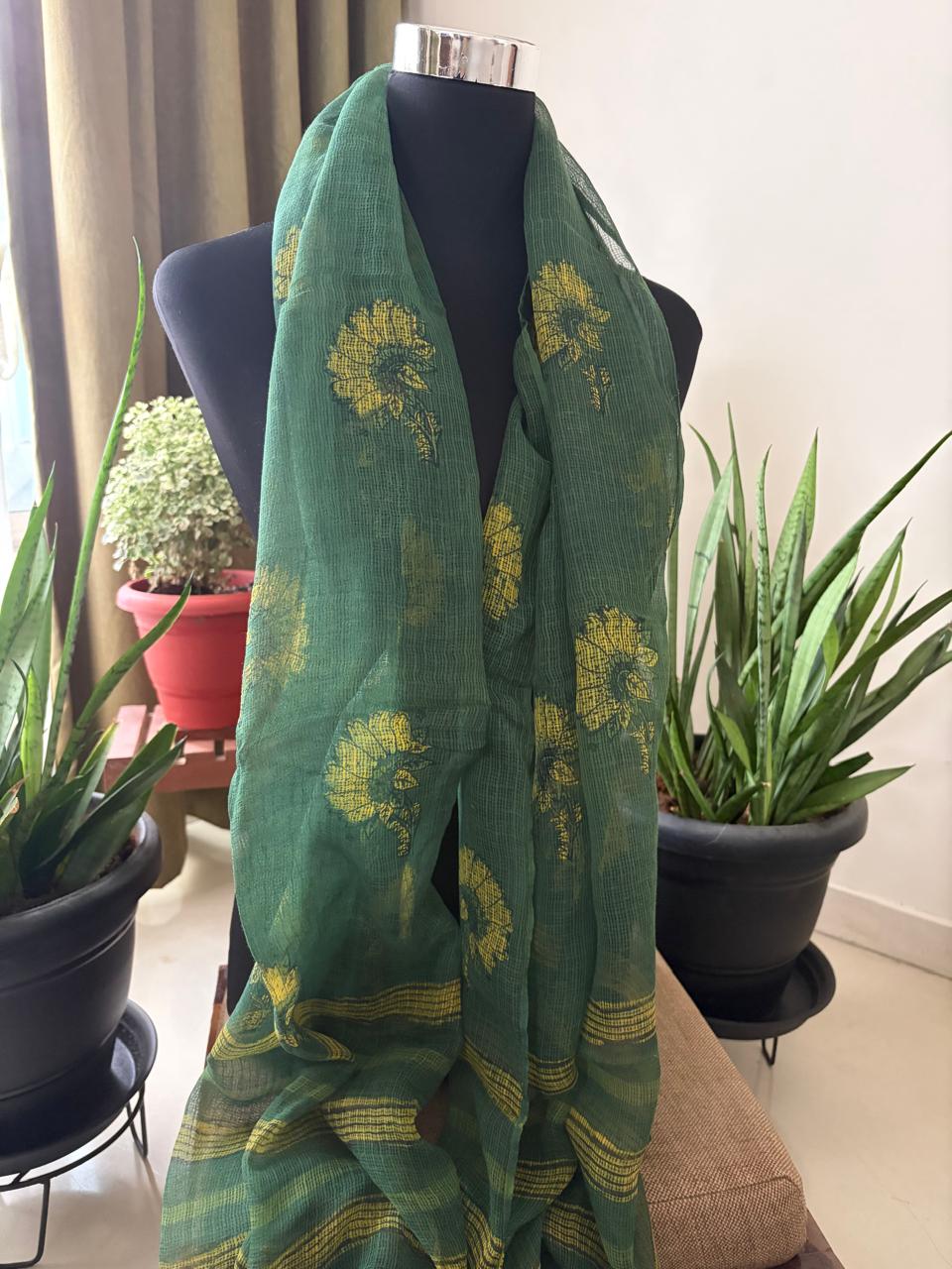 Hand Block Printed Kota Cotton Stole Soft Light Airy - Green