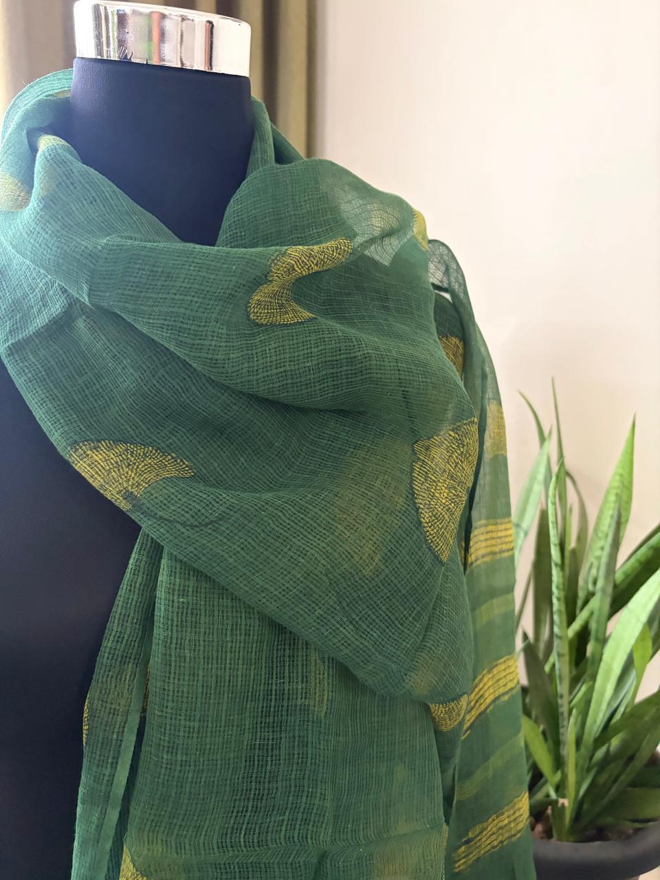 Hand Block Printed Kota Cotton Stole Soft Light Airy - Green