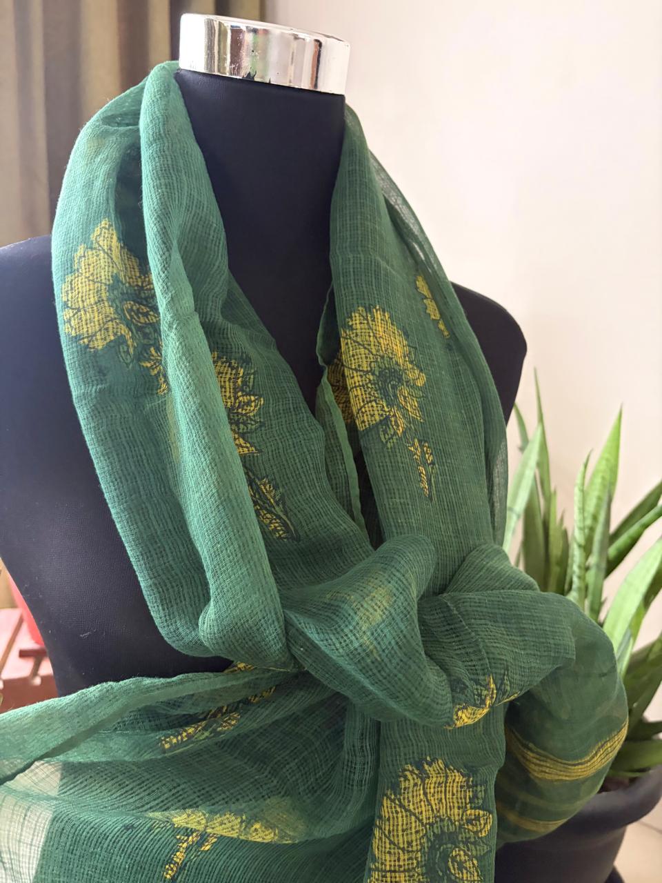 Hand Block Printed Kota Cotton Stole Soft Light Airy - Green