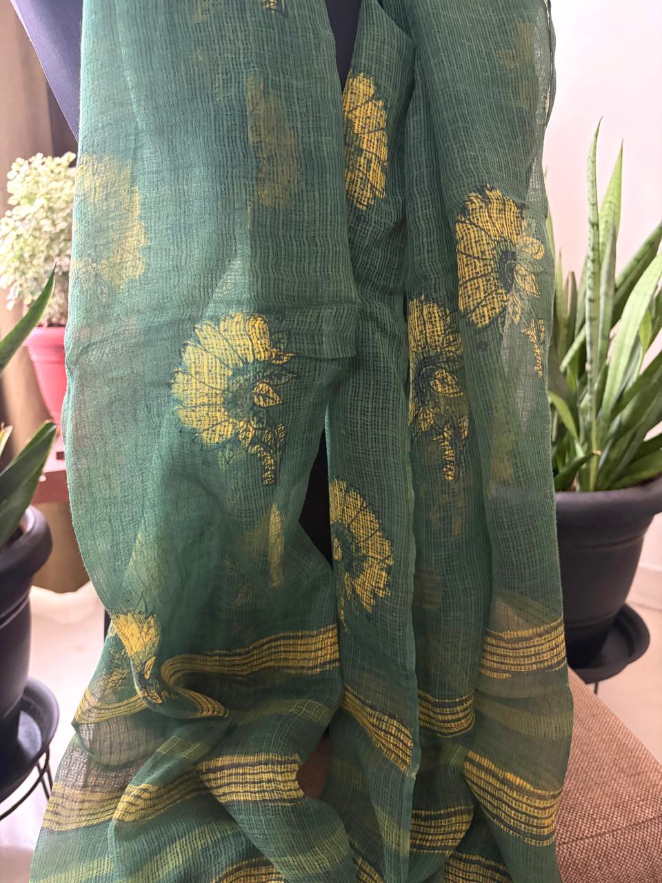 Hand Block Printed Kota Cotton Stole  Soft Light  Airy - Green