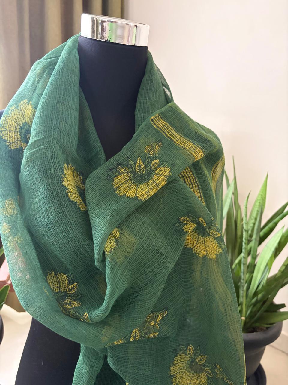 Hand Block Printed Kota Cotton Stole  Soft Light  Airy - Green