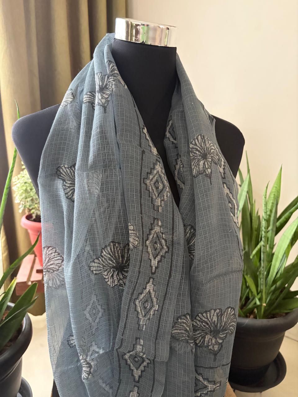 Hand Block Printed Kota Cotton Stole  Soft Light  Airy - Grey