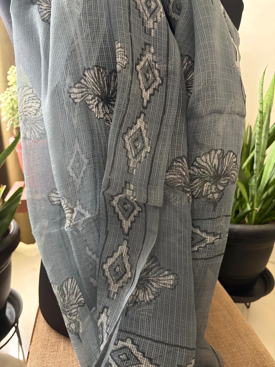 Hand Block Printed Kota Cotton Stole  Soft Light  Airy - Grey