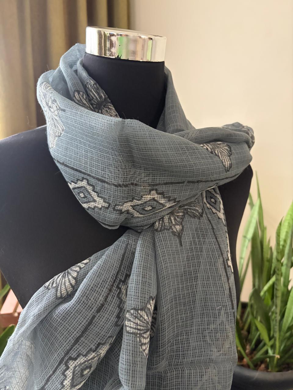 Hand Block Printed Kota Cotton Stole  Soft Light  Airy - Grey