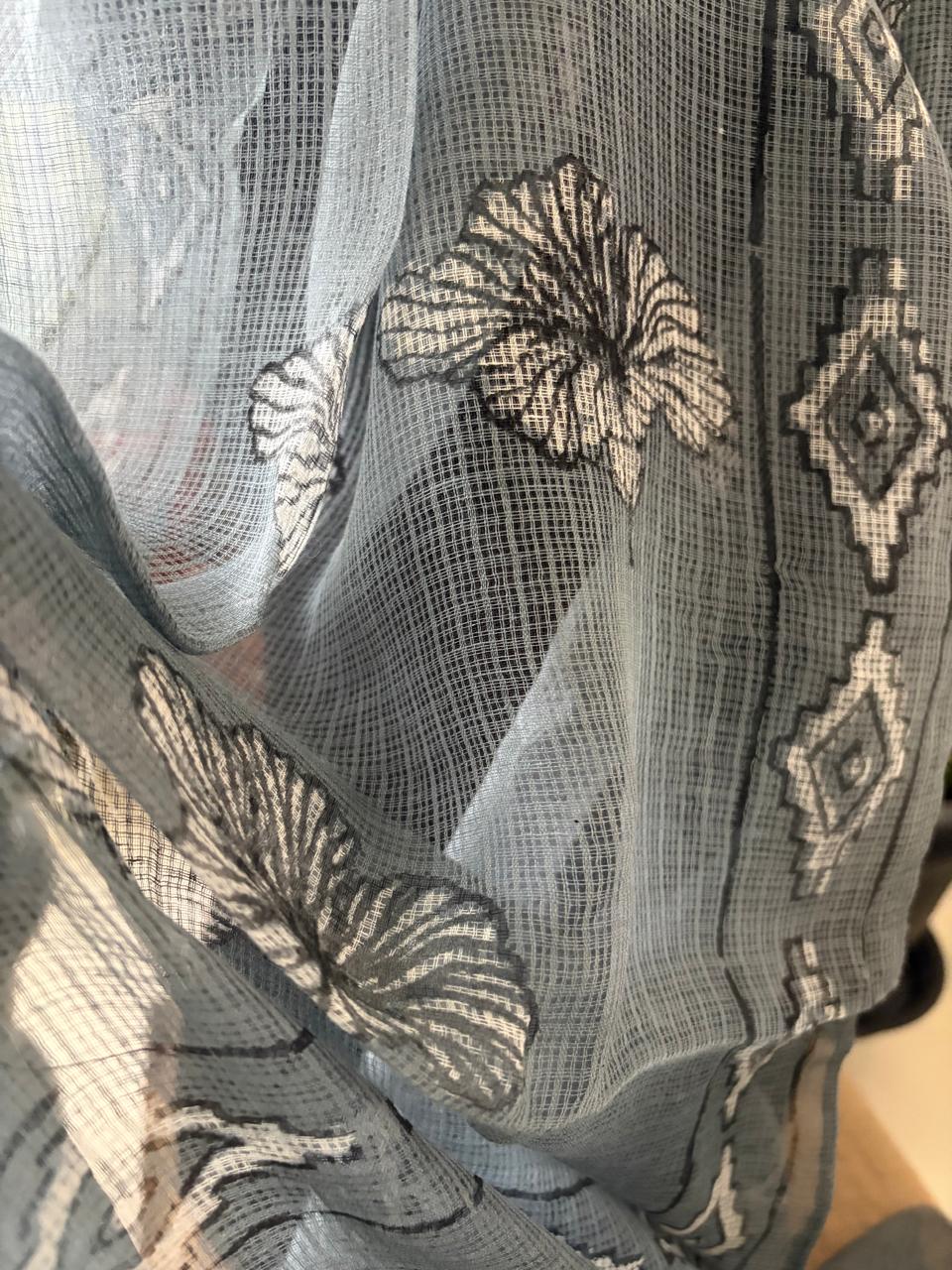 Hand Block Printed Kota Cotton Stole  Soft Light  Airy - Grey