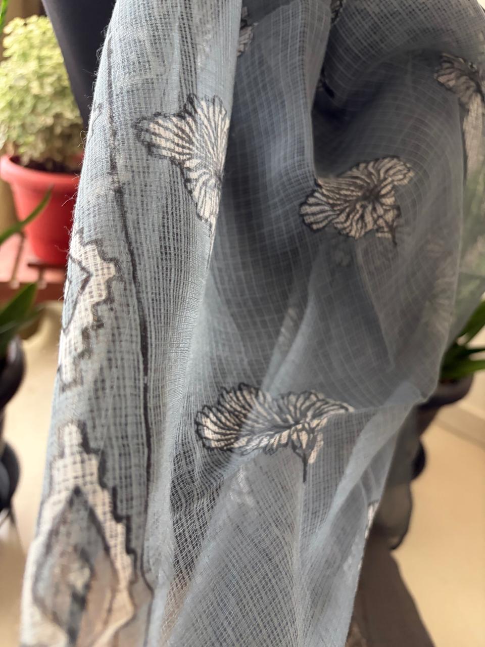 Hand Block Printed Kota Cotton Stole Soft Light Airy - Grey