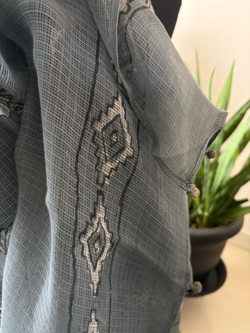 Hand Block Printed Kota Cotton Stole  Soft Light  Airy - Grey