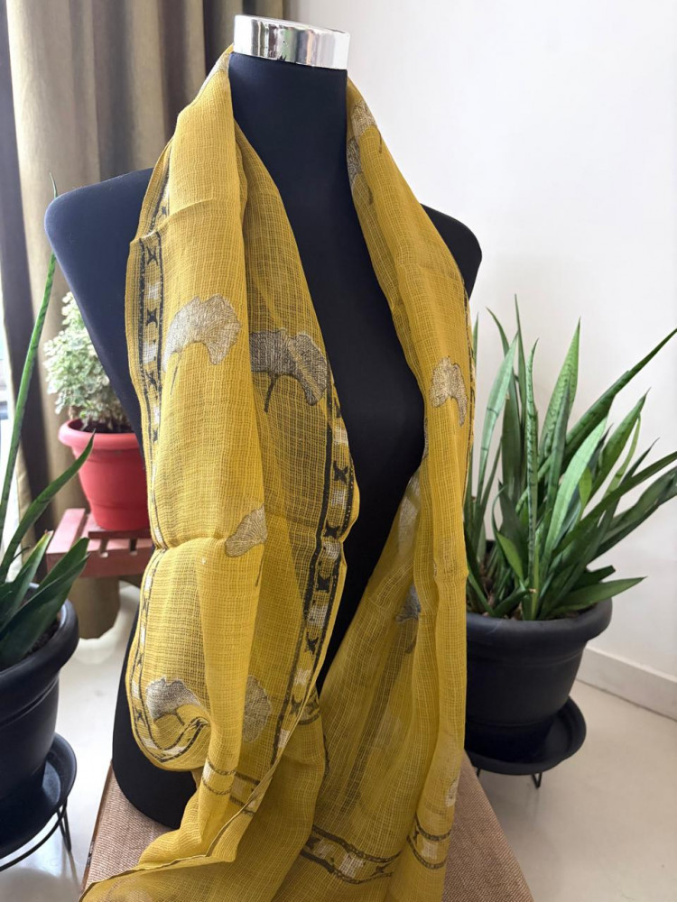 Image of Hand Block Printed Kota Cotton Stole – Soft, Light &amp; Airy - Mustard Yellow