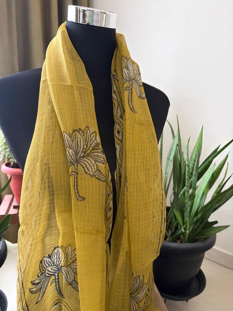 Hand Block Printed Kota Cotton Stole  Soft Light  Airy - Mustard Yellow