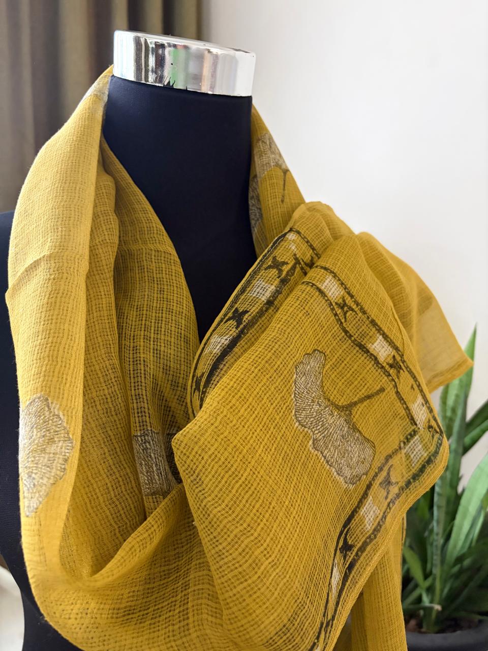 Hand Block Printed Kota Cotton Stole  Soft Light  Airy - Mustard Yellow