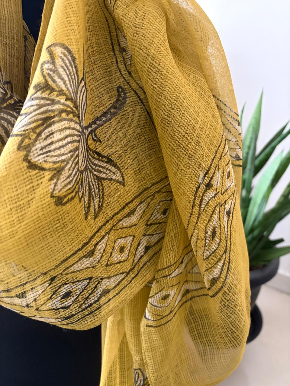 Hand Block Printed Kota Cotton Stole  Soft Light  Airy - Mustard Yellow