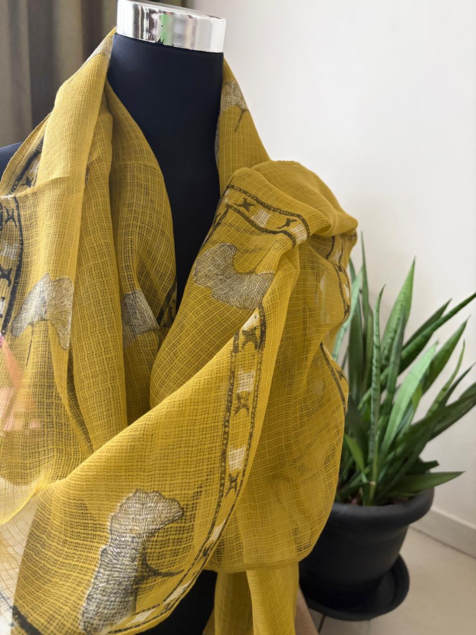 Hand Block Printed Kota Cotton Stole  Soft Light  Airy - Mustard Yellow