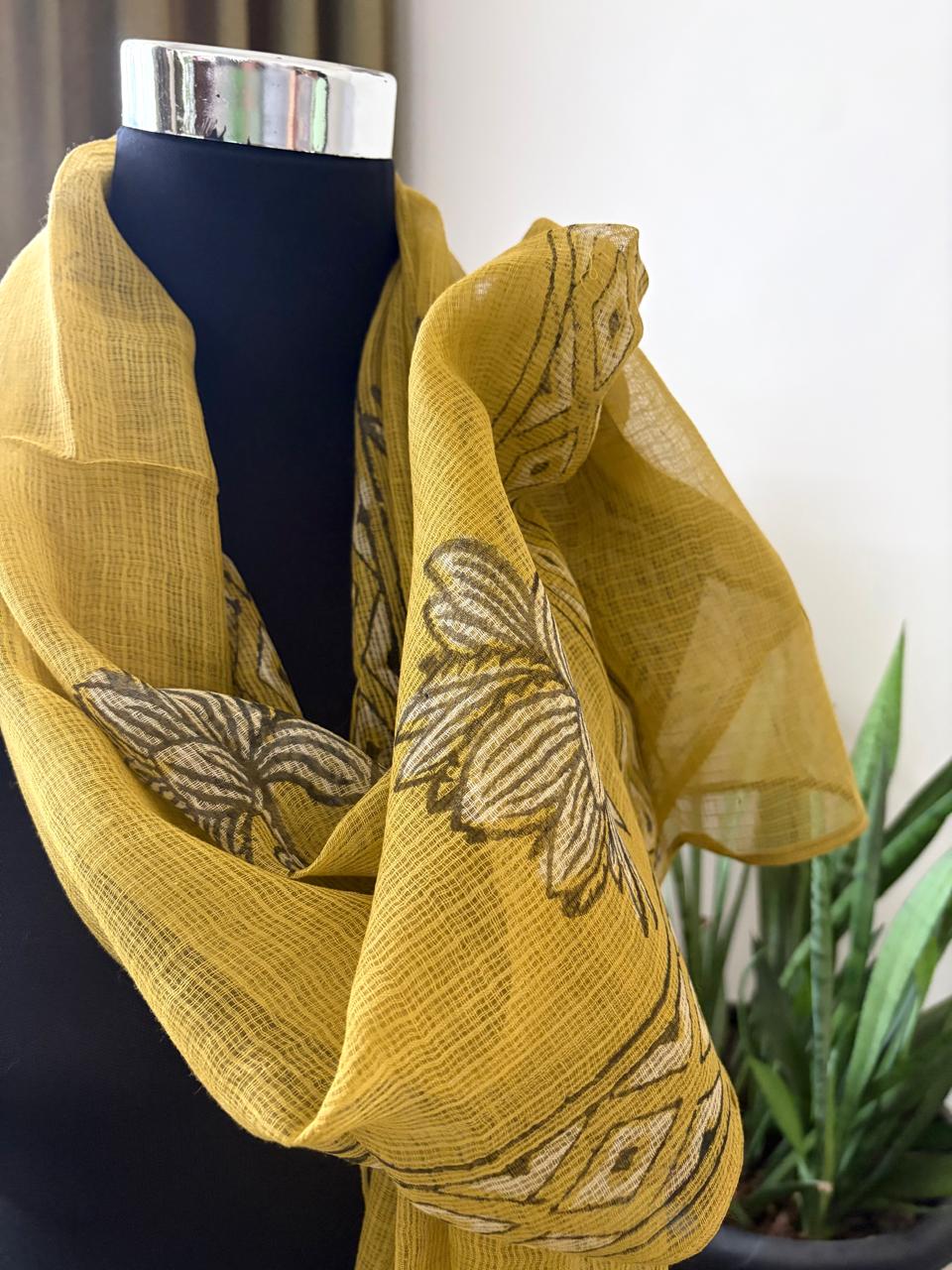 Hand Block Printed Kota Cotton Stole  Soft Light  Airy - Mustard Yellow