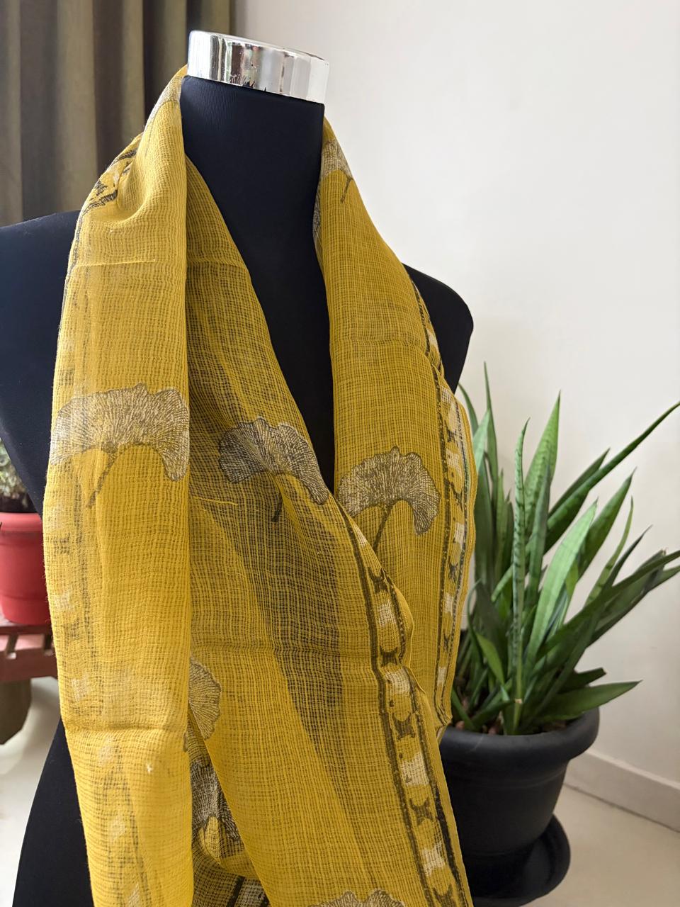 Hand Block Printed Kota Cotton Stole  Soft Light  Airy - Mustard Yellow