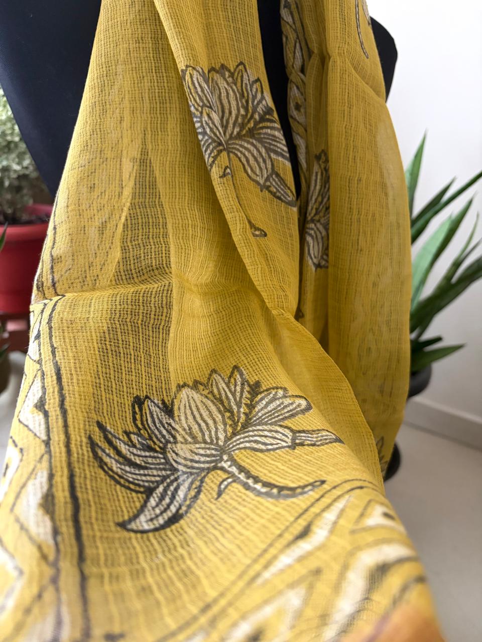 Hand Block Printed Kota Cotton Stole  Soft Light  Airy - Mustard Yellow